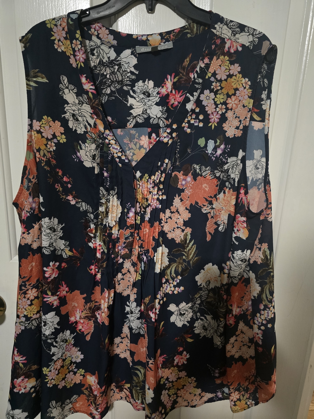 Daniel Rainn Navy Floral V-Neck Blouse with Coral & White Blooms